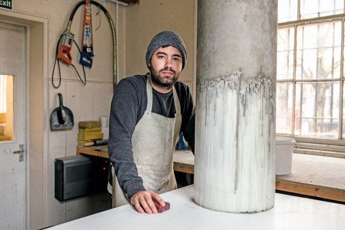 Harry Morgan in his Edinburgh workspace with his concrete and glass piece Untitled, £9,000, from richeldisfineartconsultancy.com