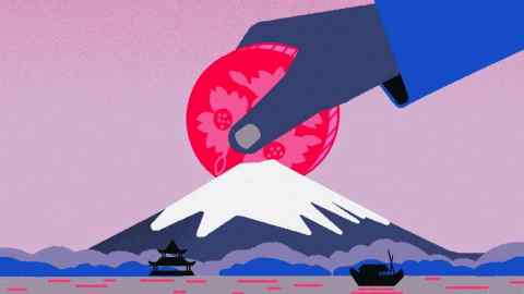 Maria Hergueta illustration of a hand inserting a crypto coin on the snow covered peak of Fuji mountain