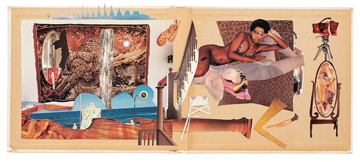 A collage of an actual female and two abstract female figures, reclining on beds. There is also a set of stairs, a broken highchair and a fallen column/pillar