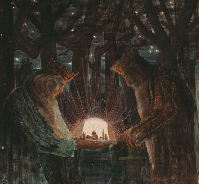 Symbolist painting of two kings in a forest holding a city in their hands