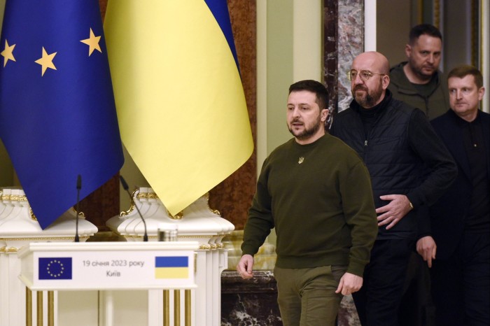 Volodymyr Zelenskyy, left, and European Council President Charles Michel, second from left