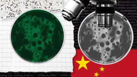 Montage of images of a microscope and two slides of cells and a Chinese flag and a screen of research data in the background