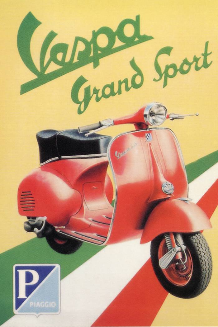 La cartolina della vespa del dopoguerra mostra una motocicletta rossa