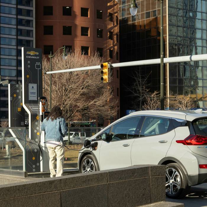 A Chevy Bolt EV charging station at General Motors HQ, Michigan. The model is assembled at a factory outside Detroit
