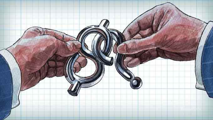 James Ferguson illustration of hands trying to solve dollar and question mark puzzle.