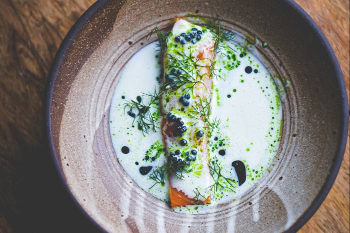 Gabriel Waterhouse’s confit chalk stream trout, cucumber and almond velouté, dill oil, fennel herb and smoked herring roe