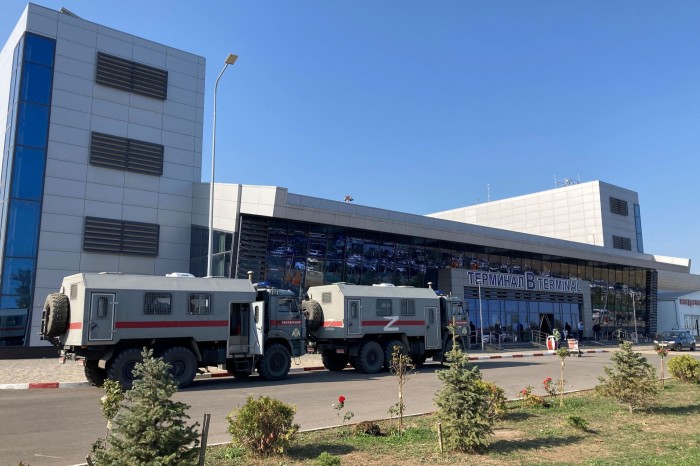 Military vehicles outside Makhachkala airport in Dagestan