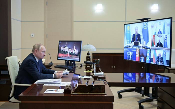 Russian President Vladimir Putin during a video conference of the Council of the Collective Security Treaty Organization 