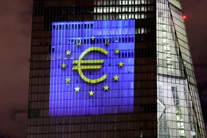 The colours of the EU illuminates the south facade of the ECB headquarters in Frankfurt, Germany