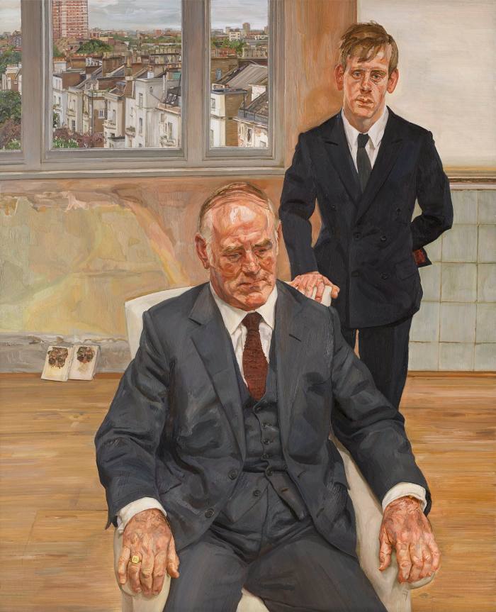 Painting of a young man in a suit standing behind an older man in a suit sitting on an armchair 