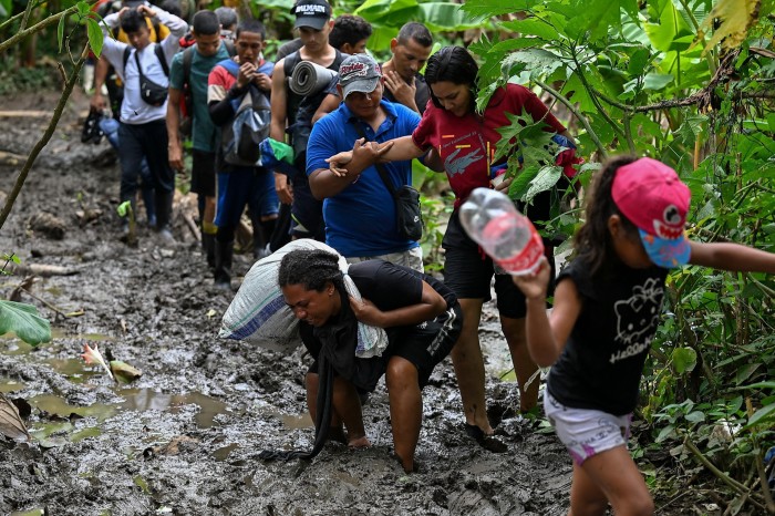 People trek through a muddy jungle