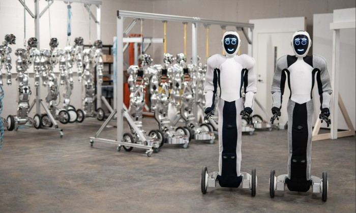 Humanoid robots, mainly used in the security sector, made by robotics company 1X