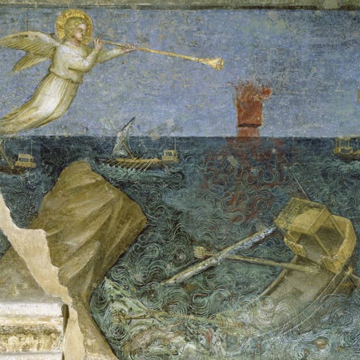A fresco of an angel blowing a trumpet over the sea to create a storm 