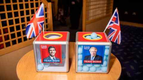 Two boxes - one with a photo of Rishi Sun and the other with a photo of Boris Johnson - with blue balls