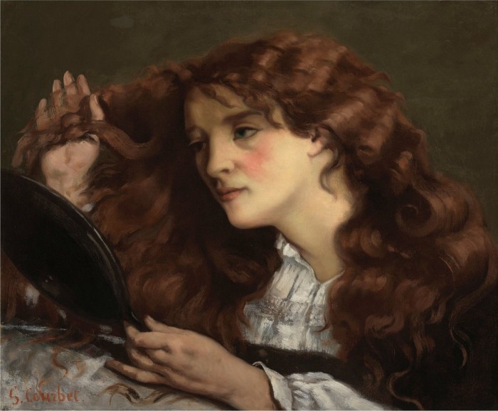 A painting of a woman arranging her wavy red hair in a pocket mirror