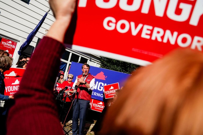 Republican Glenn Youngkin campaigns in Manassas, Virginia, a southern state where Joe Biden defeated Donald Trump by more than 10 points in last November’s presidential election