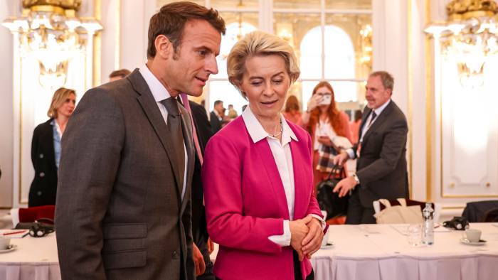French president Emmanuel Macron and European Commission president Ursula von der Leyen at a meeting in Prague castle