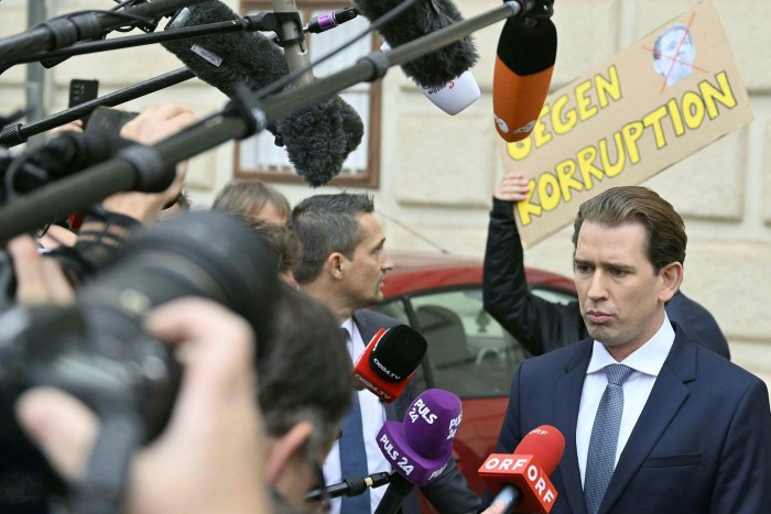 Austria’s Chancellor Sebastian Kurz speaks to the media after a meeting with Austria’s President at Hofburg Palace in Vienna on October 7,