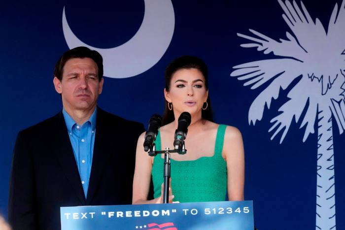 DeSantis looks on as his wife Casey DeSantis speaks at a campaign event in Bluffton, South Carolina on Friday