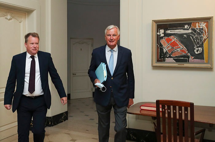 UK chief negotiator David Frost (left) and his EU counterpart Michel Barnier during the seventh round of talks, August 2020. Frost exhorted his team to be the ‘leader’ in the room, claiming the UK was too often ‘a mouse’