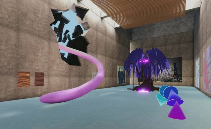 Blue, pink and purple digital cones, snakes and trees in a virtual stone room