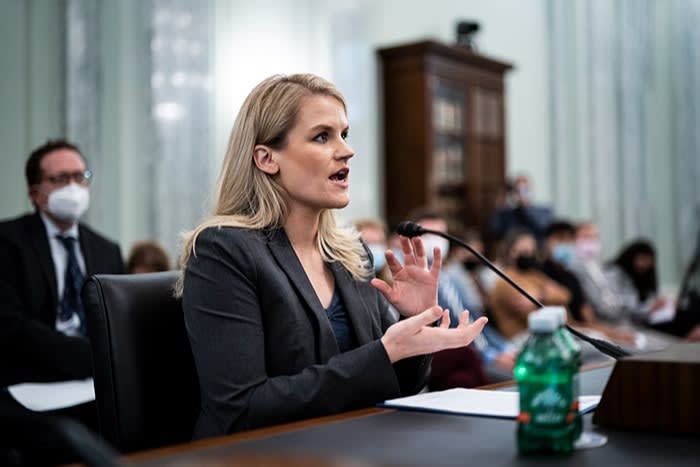 Former Facebook employee Frances Haugen testifying in October at a US Senate committee hearing entitled ‘Protecting Kids Online: Testimony from a Facebook Whistleblower’