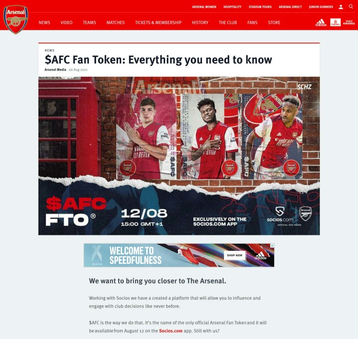 Arsenal a géré la promotion sur son site Web et sur Facebook en faisant la promotion de son jeton de fan avec le symbole boursier $ AFC, a déclaré l'ASA.