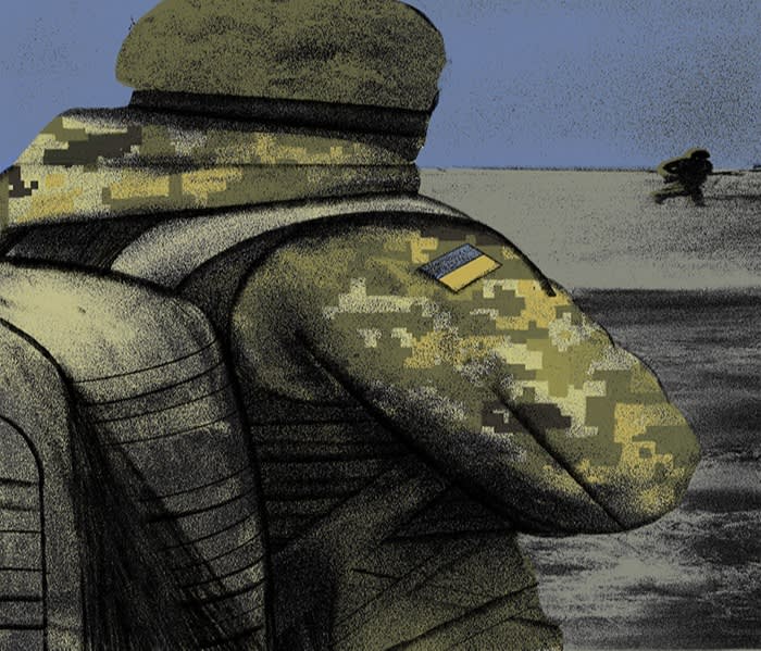 illustration of a soldier looking at a fleeing person in the distance
