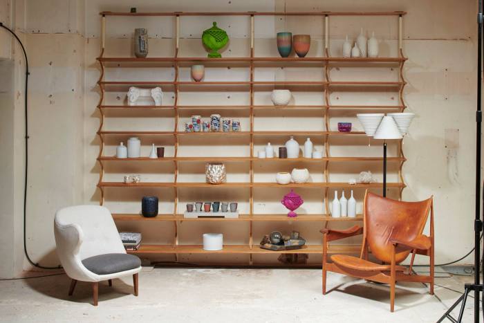 Installation from Sassoon’s collaboration with Modernity, featuring: shelving system designed by Bruno Mathsson for Karl Mathsson, 1950s; ‘The Thumb’ chair by Arne Norell for Gösta Westerberg, 1952; ‘Chieftain’ armchair by Finn Juhl for Niels Vodder, 1949; Floor lamp A809 by Alvar Aalto for Valaistustyö, 1959