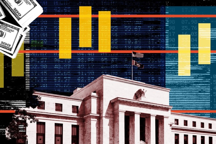 A montage of the Federal Reserve’s building, trading data and charts
