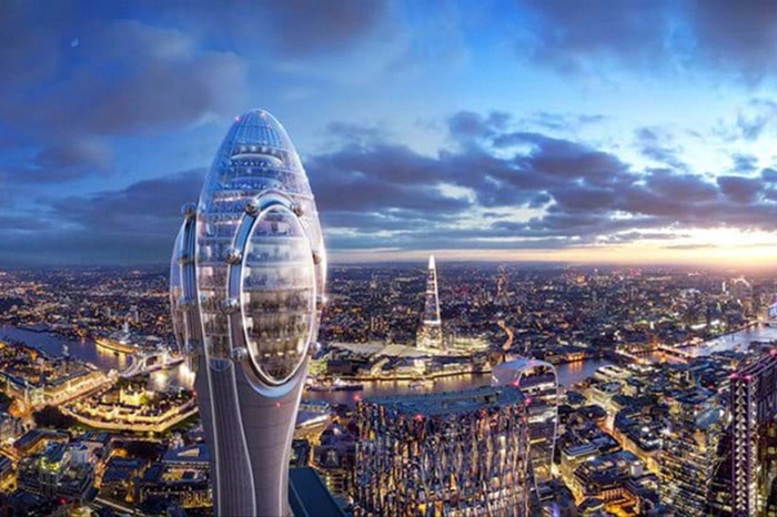 Artist’s impression of Norman Foster’s Tulip tower against a backdrop of London