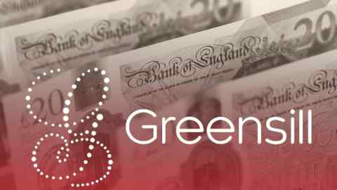 A Greensill logo against a backdrop of UK £20 notes