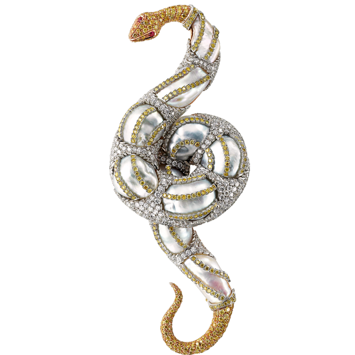 Buccellati yellow- and rose-gold, diamond, ruby and pearl Snake brooch, POA