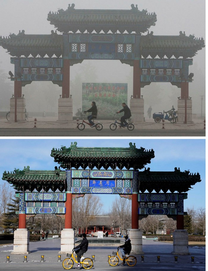 A traditional Chinese gateway in Beijing in October 2007 and the same location in February 2022