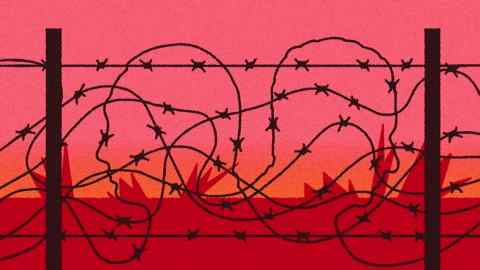 María Hergueta illustration of Putin and Assad side profiles on a war field fence made from barbed wire, drawn on a red background.