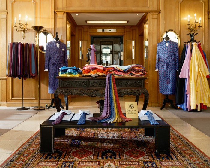 Silk neckties and dressing gowns on the ground floor