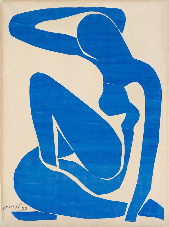 A sensual and blue abstract representation of a seated woman with one leg folded upright in the top of the other