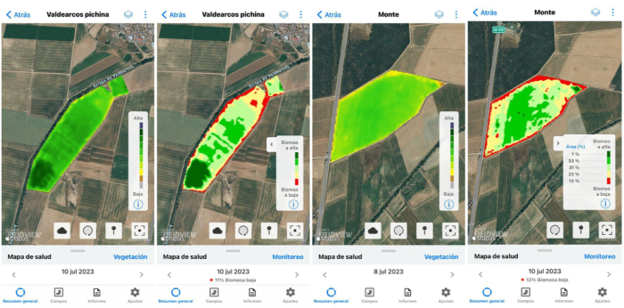 Satellite imagery of a field with a data overlay to denote high and low levels of biomass
