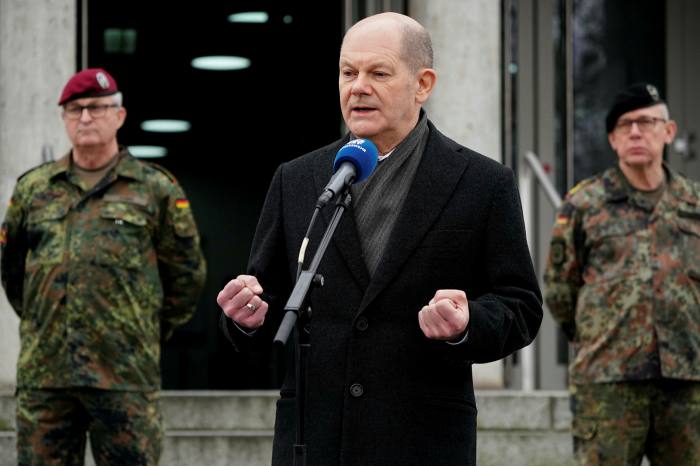 Chancellor Olaf Scholz speaks during a visit to the Bundeswehr Operations Command