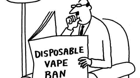 A Banx cartoon of man sucking his thumb while holding a paper that reads disposable vape ban