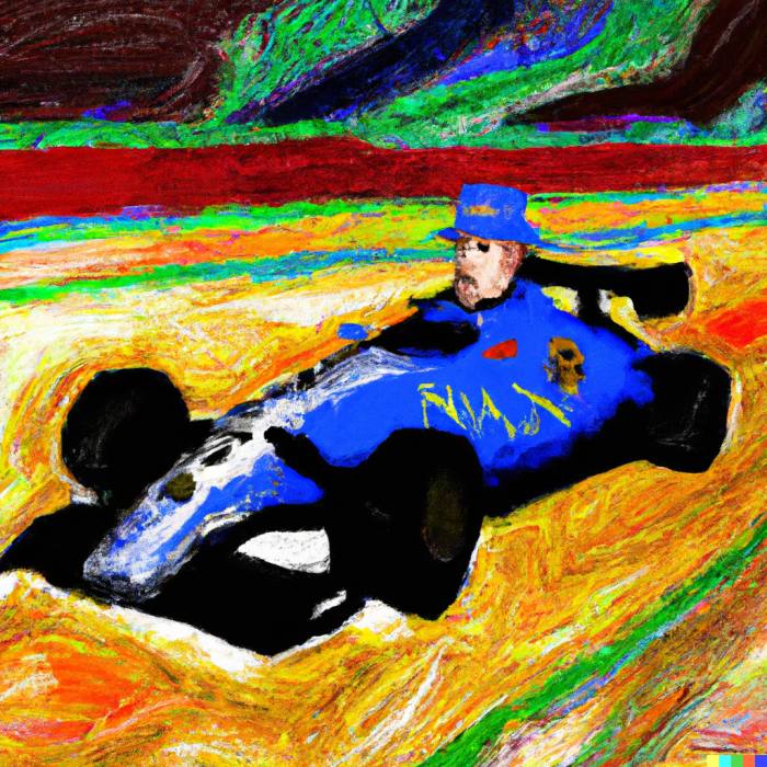 A bright image of a figure in a hat driving a race car