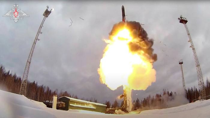 A Russian Yars intercontinental ballistic missile is launched during exercises by nuclear forces in an unknown location in Russia, in a photo released this month