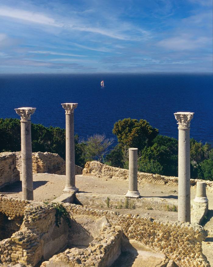Roman ruins consisting of columns and walls on the island of Giannutri. Behind them are trees and a blue sea