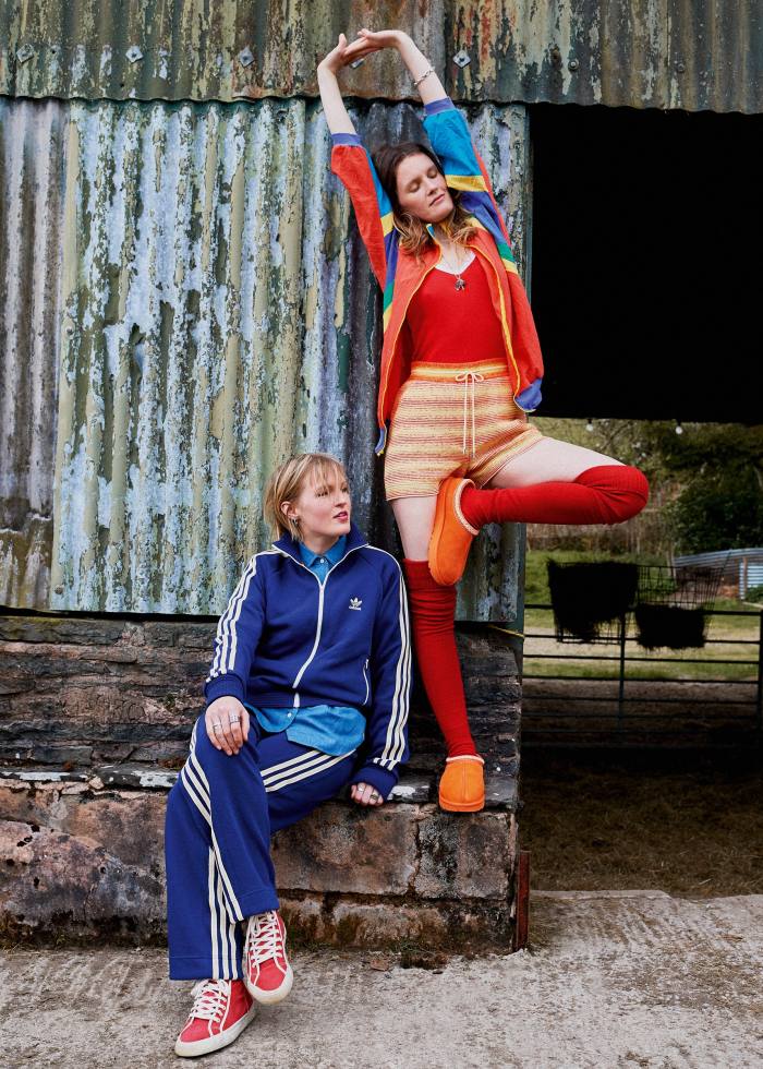 From left: Edie wears Adidas x Wales Bonner tech jersey jacket, £230, and matching trousers, £220. Loro Piana cotton/linen shirt, £645. Re/Done cotton sneakers, £245. Lily wears Re/Done recycled cotton top, £115. Loro Piana silk/cotton shorts, £915. Ugg suede slippers, £90. Brora x Nick, Lily & Edie Ashley wool/cashmere socks, £95. Jewellery, Lily’s own