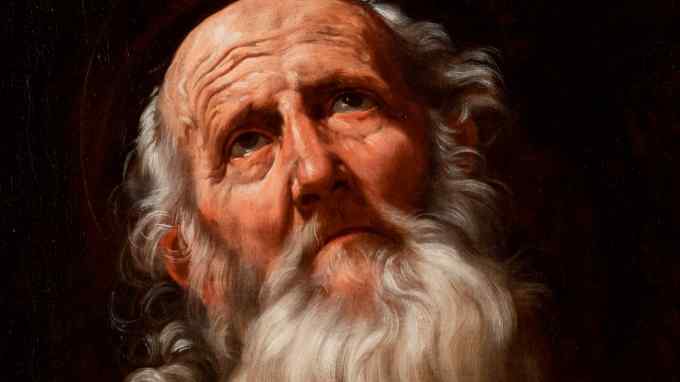 Oil painting of an old man with a long white beard looking intently upwards