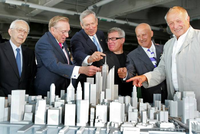 Governor George Pataki, centre left, stands with, from left, architect Fumihiko Maki, developer Larry Silverstein and architects Daniel Libeskind, Norman Foster and Richard Rogers as they unveil conceptual designs for the three World Trade Center towers that will be built along the site’s eastern portion