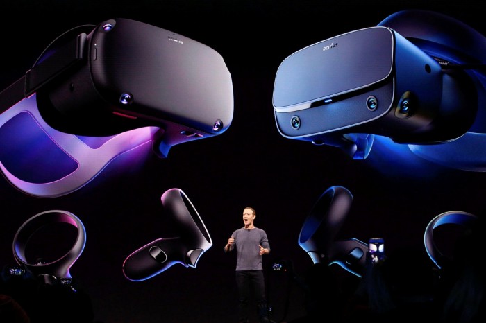 Image of Mark Zuckerberg against a black background surrounded by floating Oculus headsets. Mark Zuckerberg’s Meta has tried to develop a commanding lead in virtual reality through its Oculus headsets, betting that this is the future of gaming