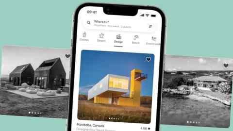 Montage of Airbnb’s website on a smartphone screen and photos of accommodation