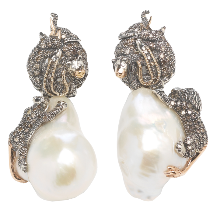 Bibi Van Der Velden 18ct rose-gold, silver, baroque pearl, white and brown diamond Animal earrings, £11,340