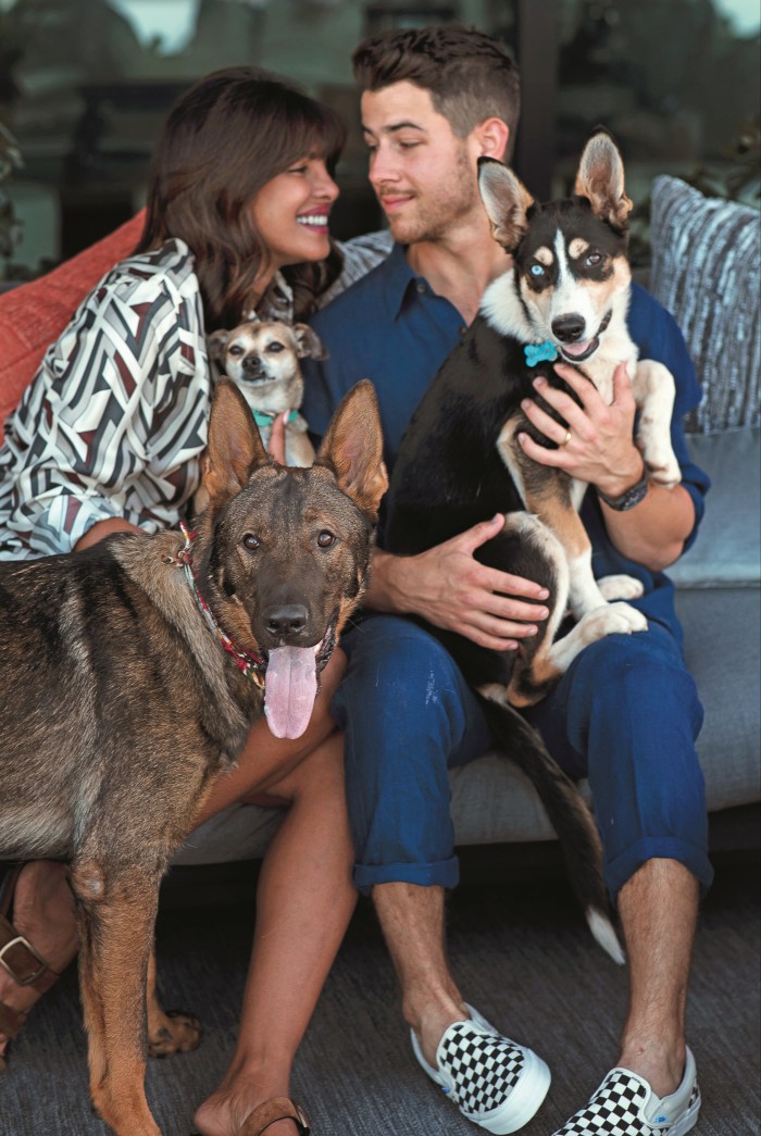 Priyanka Chopra Jonas at home with her husband Nick, and their three dogs (from left) Gino, Diana and Panda